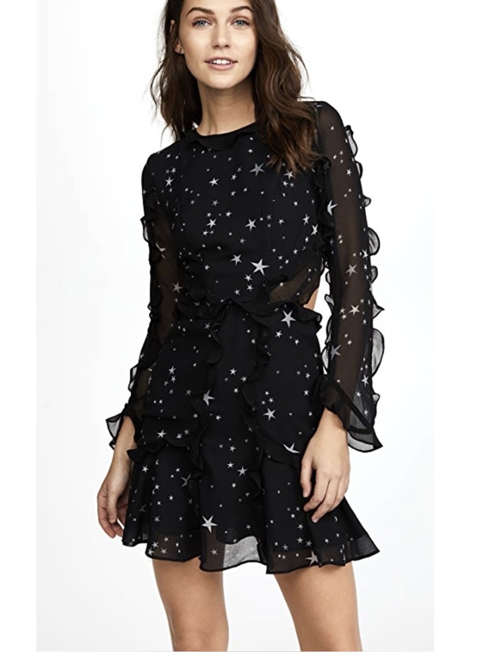 Fame and Partners Sz 6 Dress Kye Star Print Long Sleeve Ruffle Open Back